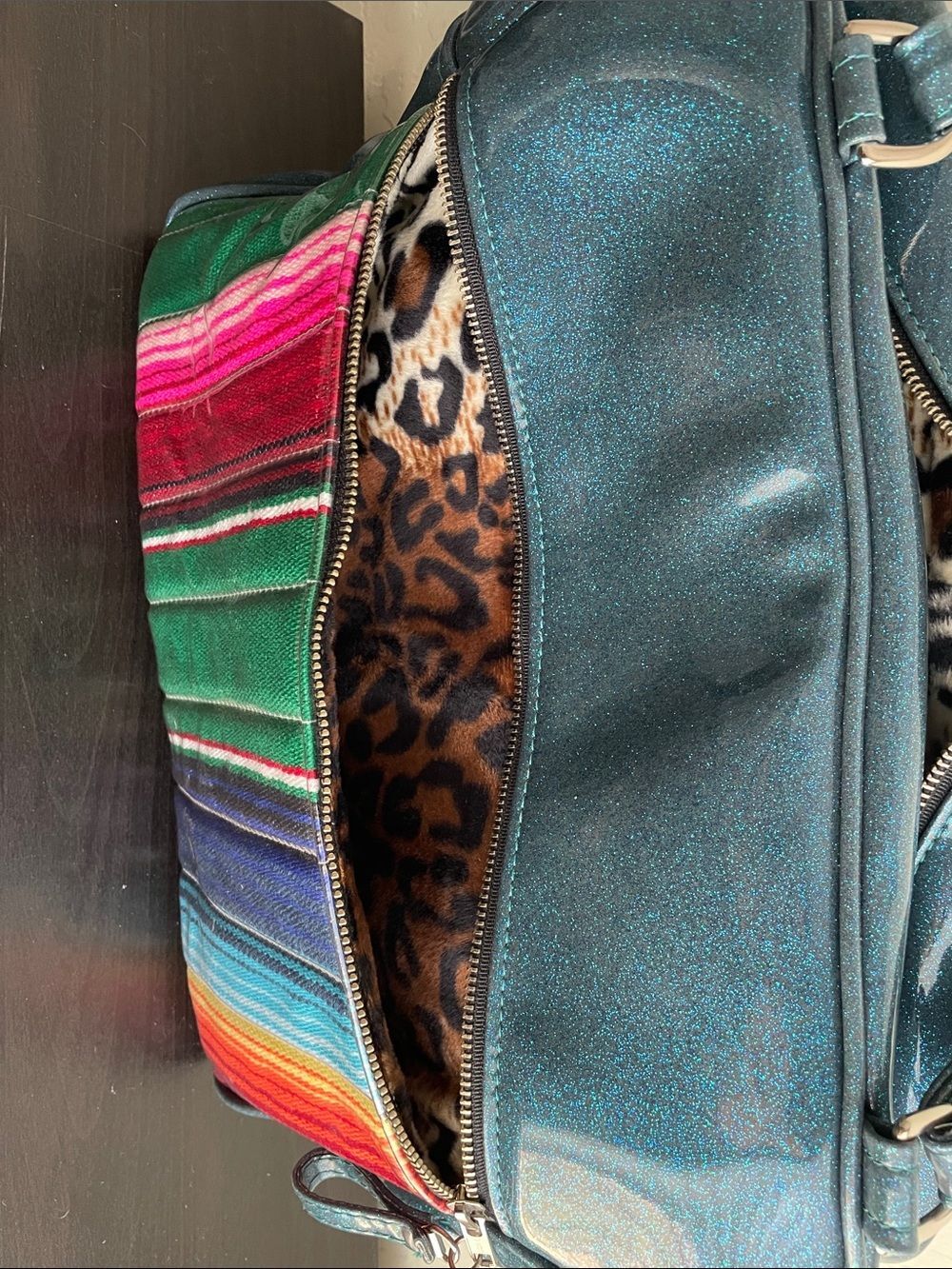 Trophy Queen Metallic Teal Shoulder Bag with Multicolor Stripe Front - Picture 7 of 7